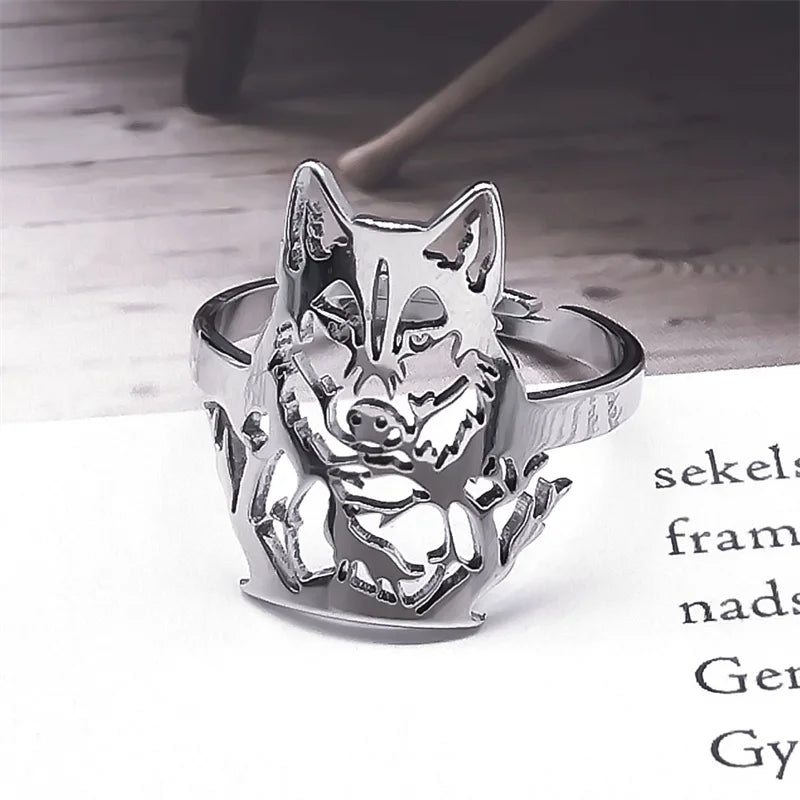 Edelstahl Verstellbarer Finger Ring mit ästhetischem Wolf, Motorradparty, Tier Biker Schmuck für Frauen und Männer