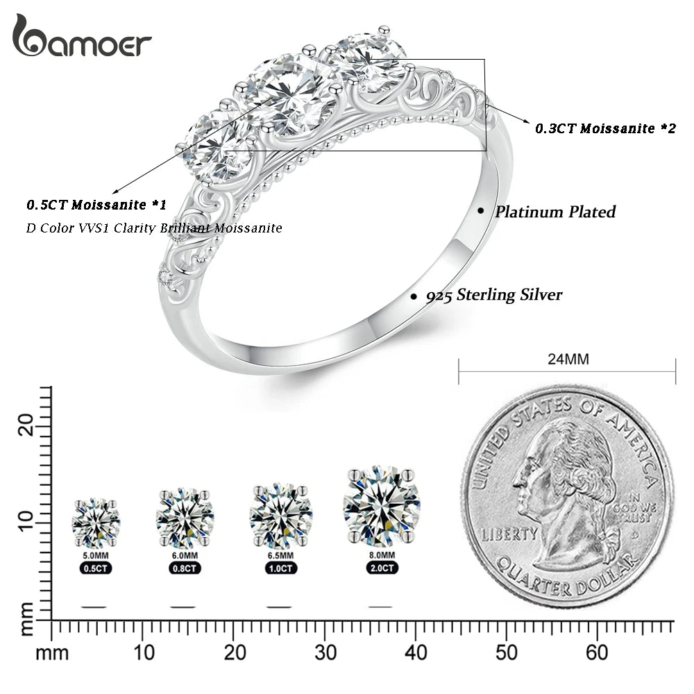 BAMOER 1.1CTTW Runder Moissanit Platinbeschichteter Ring für Frauen | Verlobungsring aus 925er Sterlingsilber mit D-Farbe VVS1 EX Lab Diamant