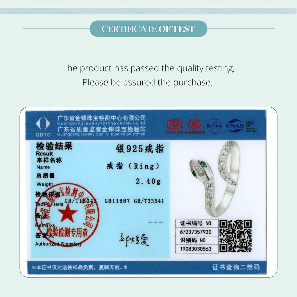 BAMOER Verstellbarer 925 Sterling Silber Schlangenring mit grünem Zirkon und Retro-Texturen