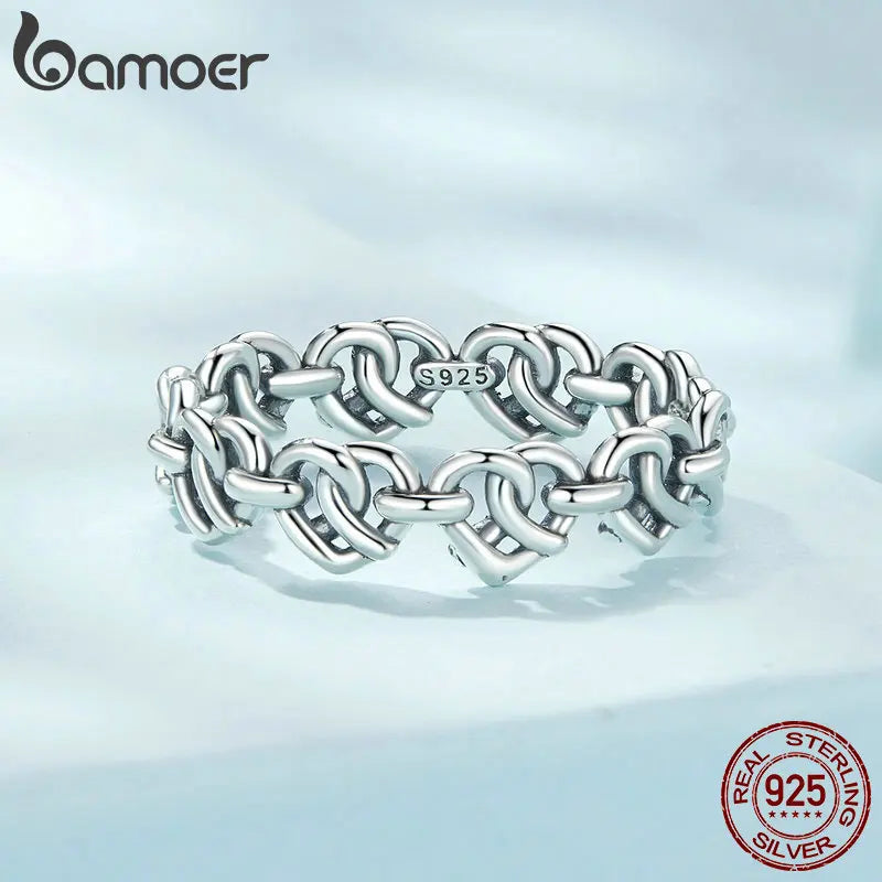 Bamoer 925 Sterling Silber Verflochtenes Herz Kettenring Geometrischer Liebesring Für Frauen Platinbeschichtetes Schmuckstück - Ringe
