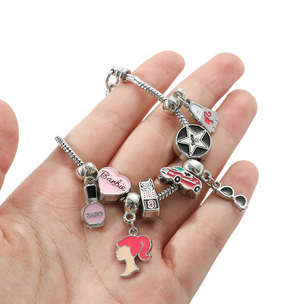 Barbie Charm Armbänder mit Herzanhänger und Perlen für Frauen, verstellbare DIY Armreifen als Geschenk für Mädchen