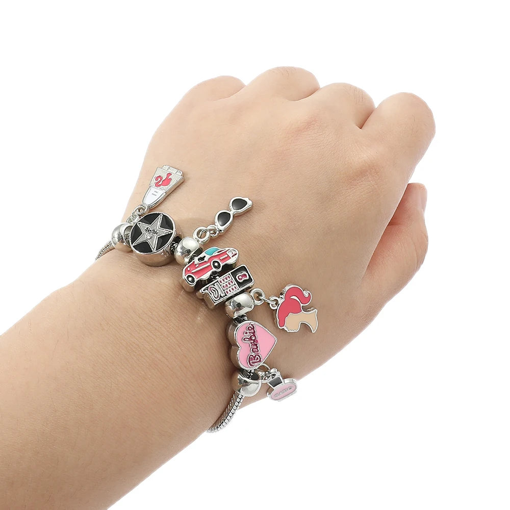 Barbie Charm Armbänder mit Herzanhänger und Perlen für Frauen, verstellbare DIY Armreifen als Geschenk für Mädchen