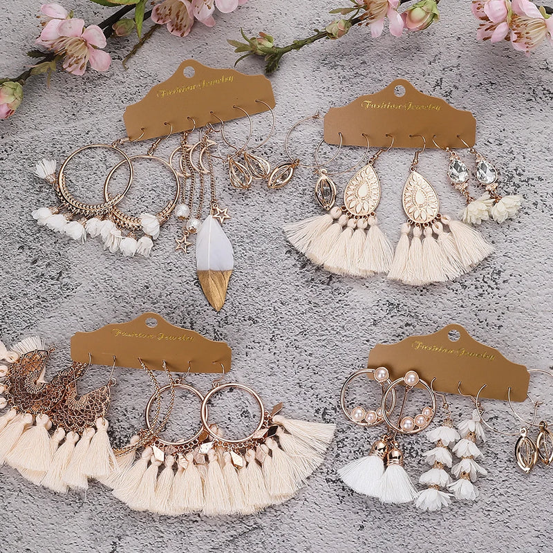 Boho Vintage Ohrringe | Weiße Hochzeitsohrringe - Große runde Ohrringe