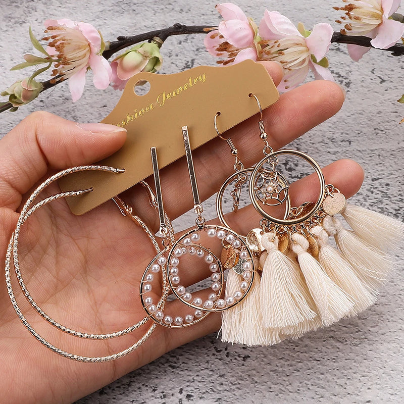Boho Vintage Ohrringe | Weiße Hochzeitsohrringe - Große runde Ohrringe