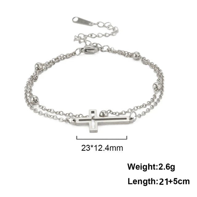 Bohemia Kreuz Anhänger Fußkettchen Modischer Fußschmuck für Frauen Sommer Strandparty Edelstahl Perlenkette Fußkettchen