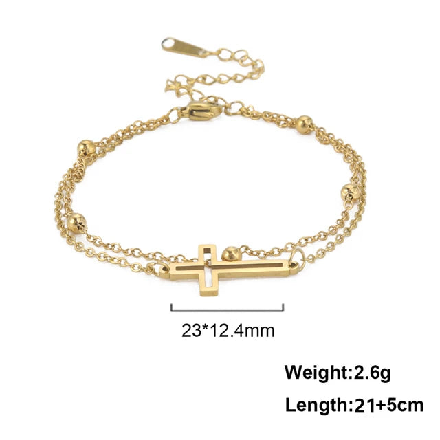 Bohemia Kreuz Anhänger Fußkettchen Modischer Fußschmuck für Frauen Sommer Strandparty Edelstahl Perlenkette Fußkettchen