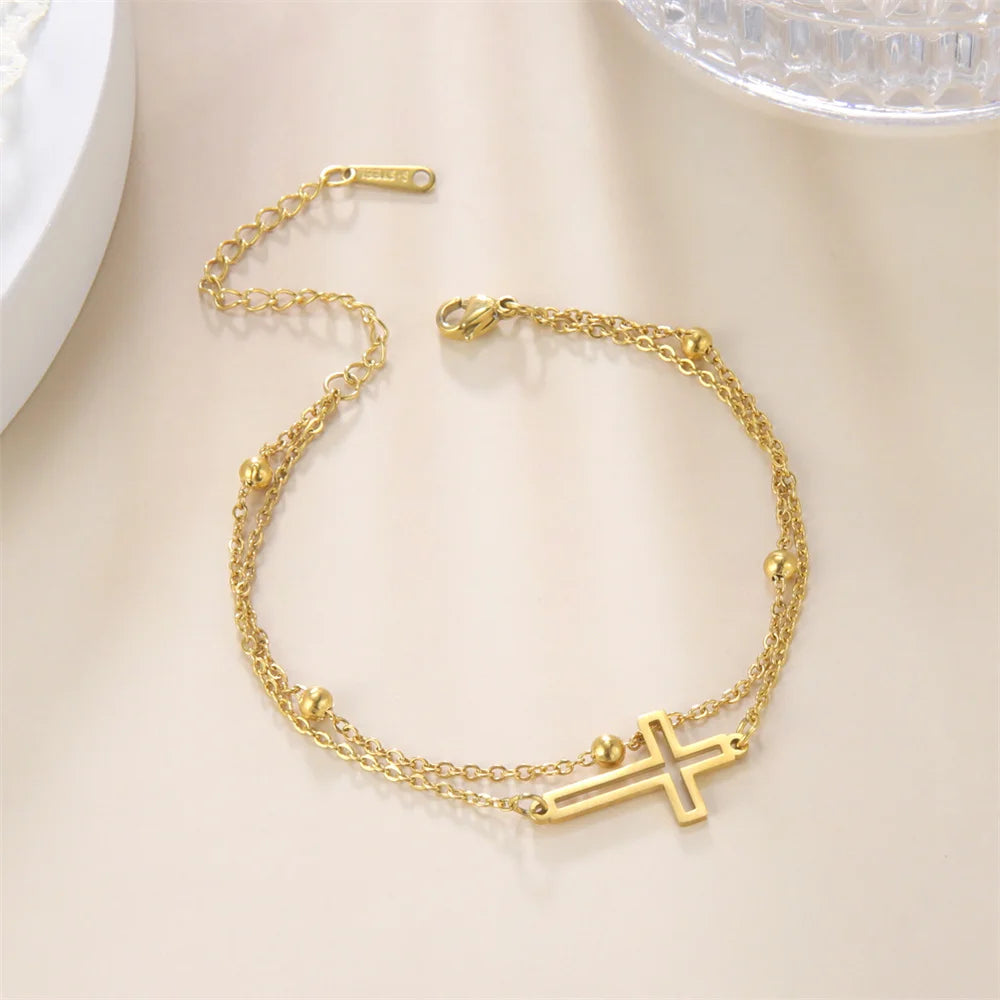 Bohemia Kreuz Anhänger Fußkettchen Modischer Fußschmuck für Frauen Sommer Strandparty Edelstahl Perlenkette Fußkettchen