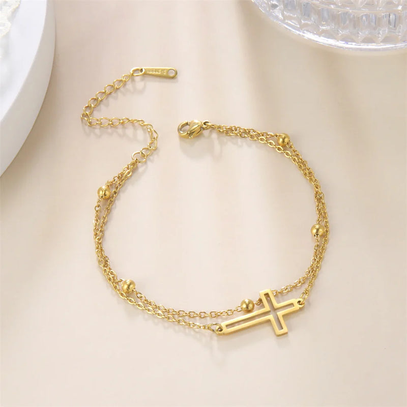 Bohemia Kreuz Anhänger Fußkettchen Modischer Fußschmuck für Frauen Sommer Strandparty Edelstahl Perlenkette Fußkettchen