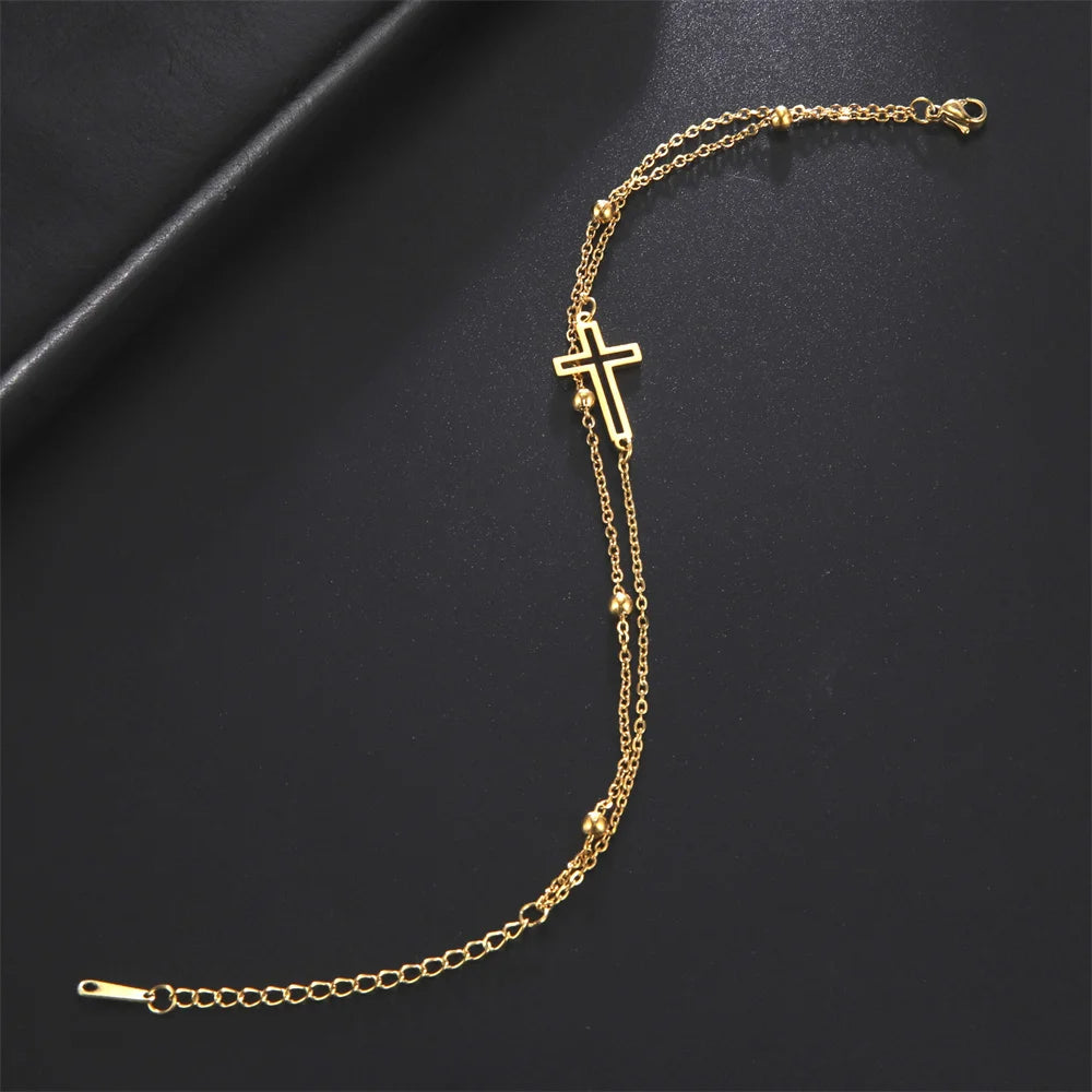 Bohemia Kreuz Anhänger Fußkettchen Modischer Fußschmuck für Frauen Sommer Strandparty Edelstahl Perlenkette Fußkettchen