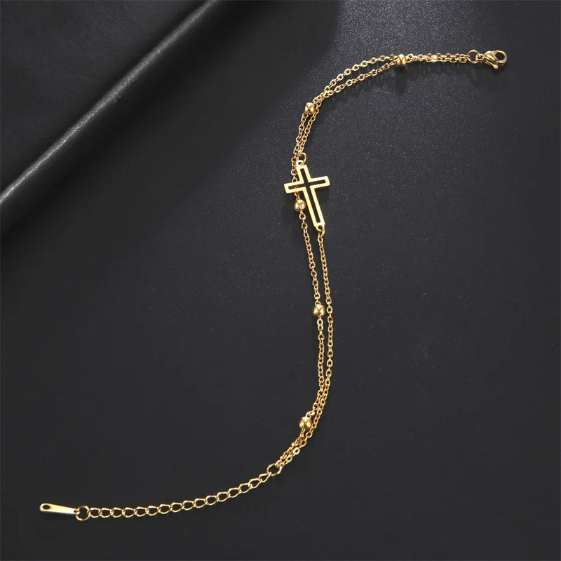 Bohemia Kreuz Anhänger Fußkettchen Modischer Fußschmuck für Frauen Sommer Strandparty Edelstahl Perlenkette Fußkettchen