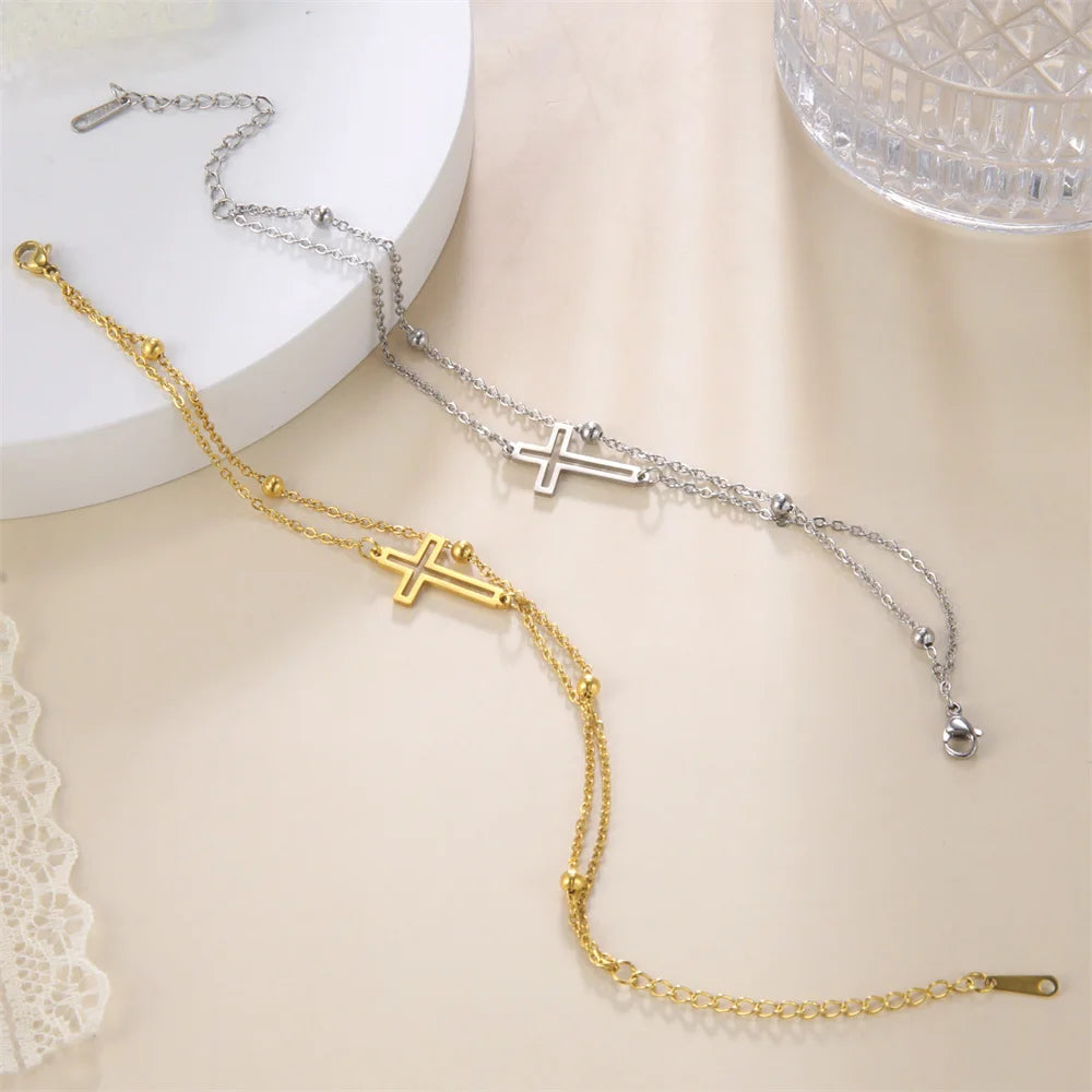 Bohemia Kreuz Anhänger Fußkettchen Modischer Fußschmuck für Frauen Sommer Strandparty Edelstahl Perlenkette Fußkettchen