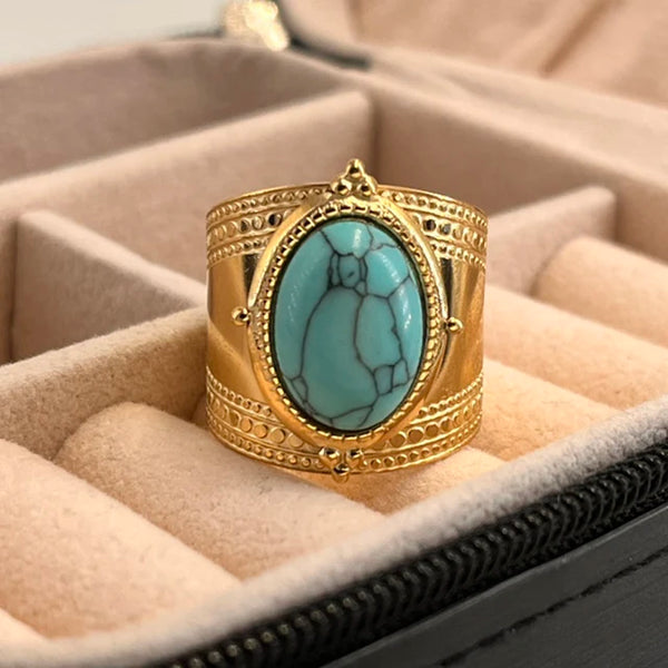 Breite offene Ringe mit natürlichen Türkissteinen für Frauen, vergoldet mit 14 Karat Gold, Edelstahlring, Schmuckgeschenke für Frauen