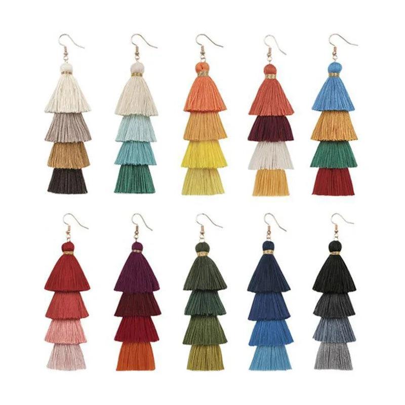 Bohemian Style Tassel Hanging Earrings | Layered Tassel Dangle Earrings