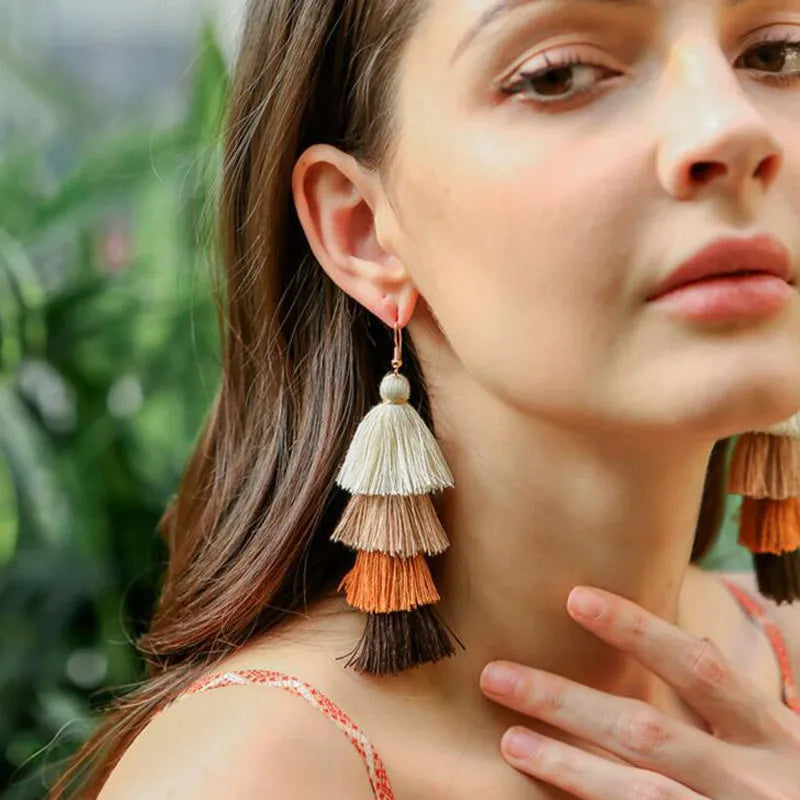 Bohemian Style Tassel Hanging Earrings | Layered Tassel Dangle Earrings