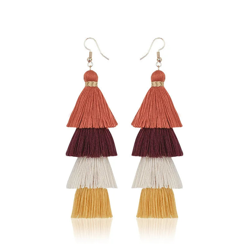 Bohemian Style Tassel Hanging Earrings | Layered Tassel Dangle Earrings