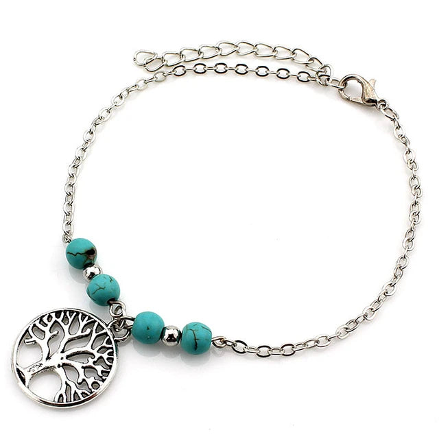 Boho Strand Türkis Fußkettchen für Frauen mit niedlichem Fatima Hand/Tree/Cross Anhänger Knöchelarmbänder Mädchen Fußkette Accessoires