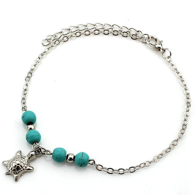 Boho Strand Türkis Fußkettchen für Frauen mit niedlichem Fatima Hand/Tree/Cross Anhänger Knöchelarmbänder Mädchen Fußkette Accessoires