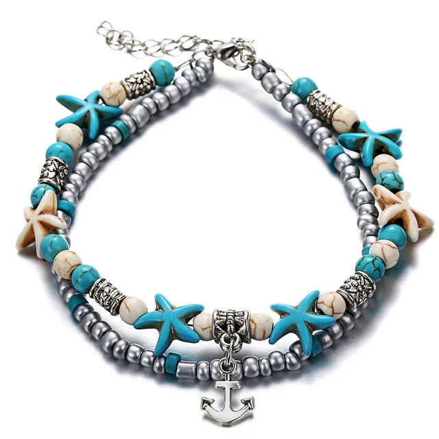 Boho Strand Türkis Fußkettchen für Frauen mit niedlichem Fatima Hand/Tree/Cross Anhänger Knöchelarmbänder Mädchen Fußkette Accessoires