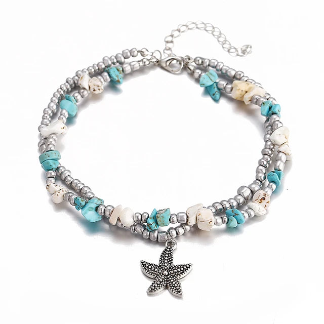 Boho Strand Türkis Fußkettchen für Frauen mit niedlichem Fatima Hand/Tree/Cross Anhänger Knöchelarmbänder Mädchen Fußkette Accessoires