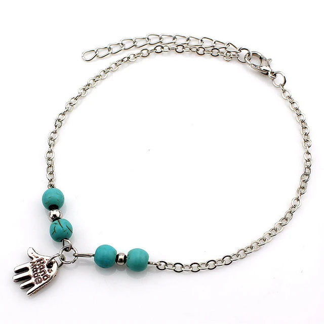 Boho Strand Türkis Fußkettchen für Frauen mit niedlichem Fatima Hand/Tree/Cross Anhänger Knöchelarmbänder Mädchen Fußkette Accessoires