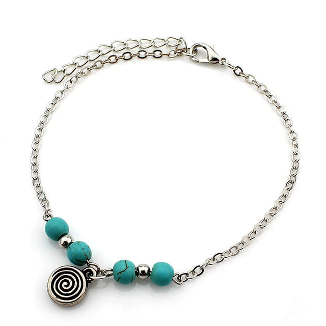 Boho Strand Türkis Fußkettchen für Frauen mit niedlichem Fatima Hand/Tree/Cross Anhänger Knöchelarmbänder Mädchen Fußkette Accessoires