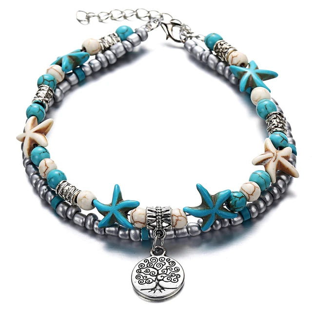 Boho Strand Türkis Fußkettchen für Frauen mit niedlichem Fatima Hand/Tree/Cross Anhänger Knöchelarmbänder Mädchen Fußkette Accessoires