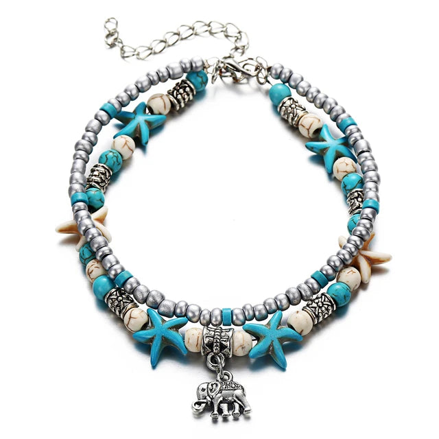 Boho Strand Türkis Fußkettchen für Frauen mit niedlichem Fatima Hand/Tree/Cross Anhänger Knöchelarmbänder Mädchen Fußkette Accessoires