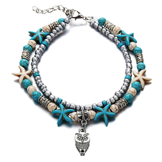 Boho Strand Türkis Fußkettchen für Frauen mit niedlichem Fatima Hand/Tree/Cross Anhänger Knöchelarmbänder Mädchen Fußkette Accessoires