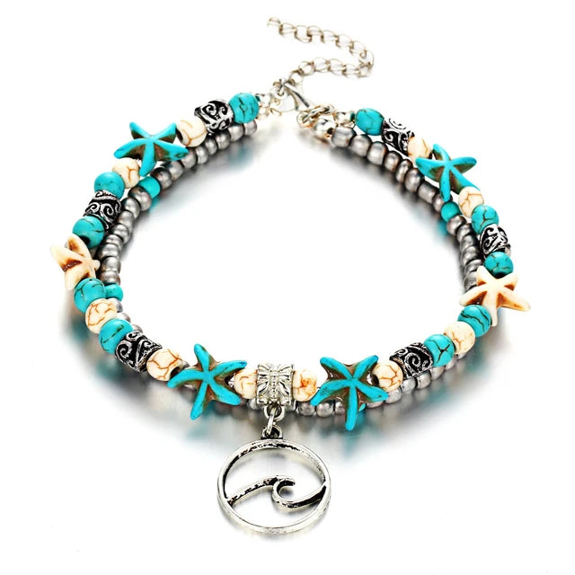 Boho Strand Türkis Fußkettchen für Frauen mit niedlichem Fatima Hand/Tree/Cross Anhänger Knöchelarmbänder Mädchen Fußkette Accessoires