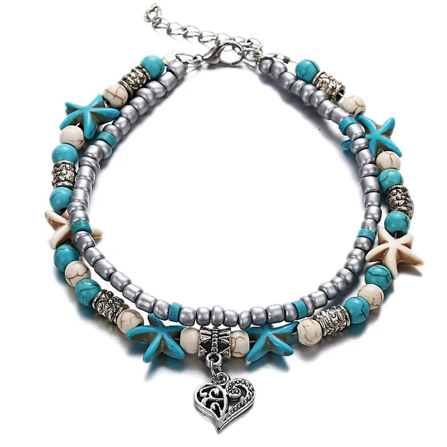 Boho Strand Türkis Fußkettchen für Frauen mit niedlichem Fatima Hand/Tree/Cross Anhänger Knöchelarmbänder Mädchen Fußkette Accessoires