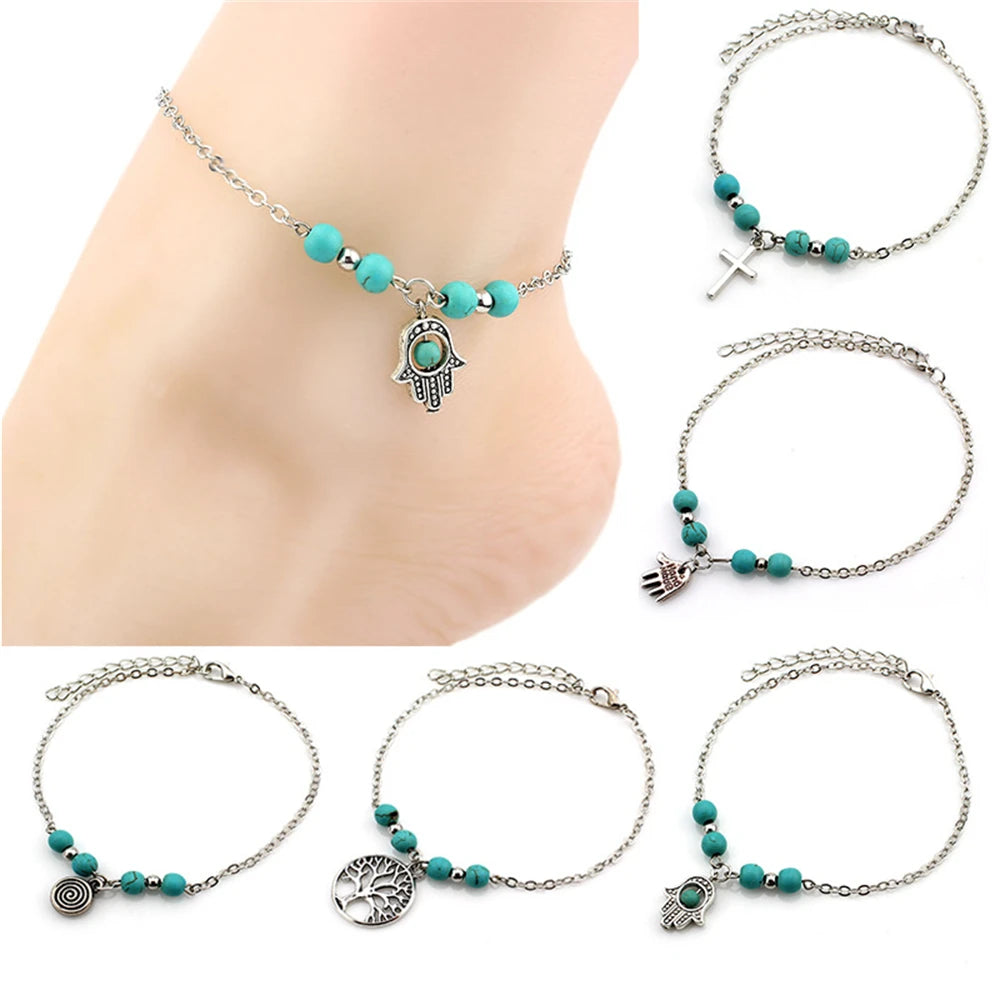 Boho Strand Türkis Fußkettchen für Frauen mit niedlichem Fatima Hand/Tree/Cross Anhänger Knöchelarmbänder Mädchen Fußkette Accessoires