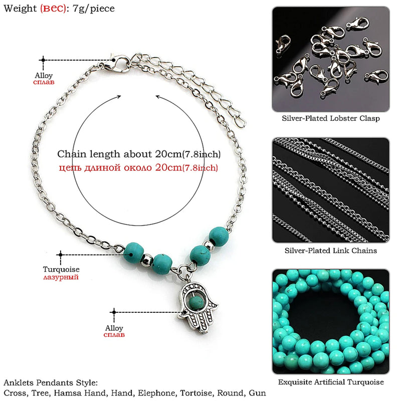 Boho Strand Türkis Fußkettchen für Frauen mit niedlichem Fatima Hand/Tree/Cross Anhänger Knöchelarmbänder Mädchen Fußkette Accessoires