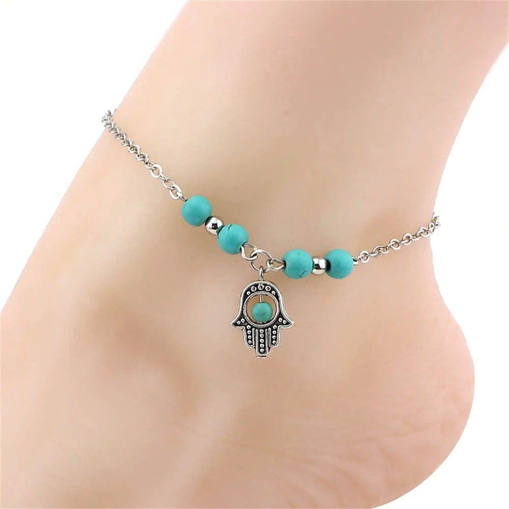 Boho Strand Türkis Fußkettchen für Frauen mit niedlichem Fatima Hand/Tree/Cross Anhänger Knöchelarmbänder Mädchen Fußkette Accessoires