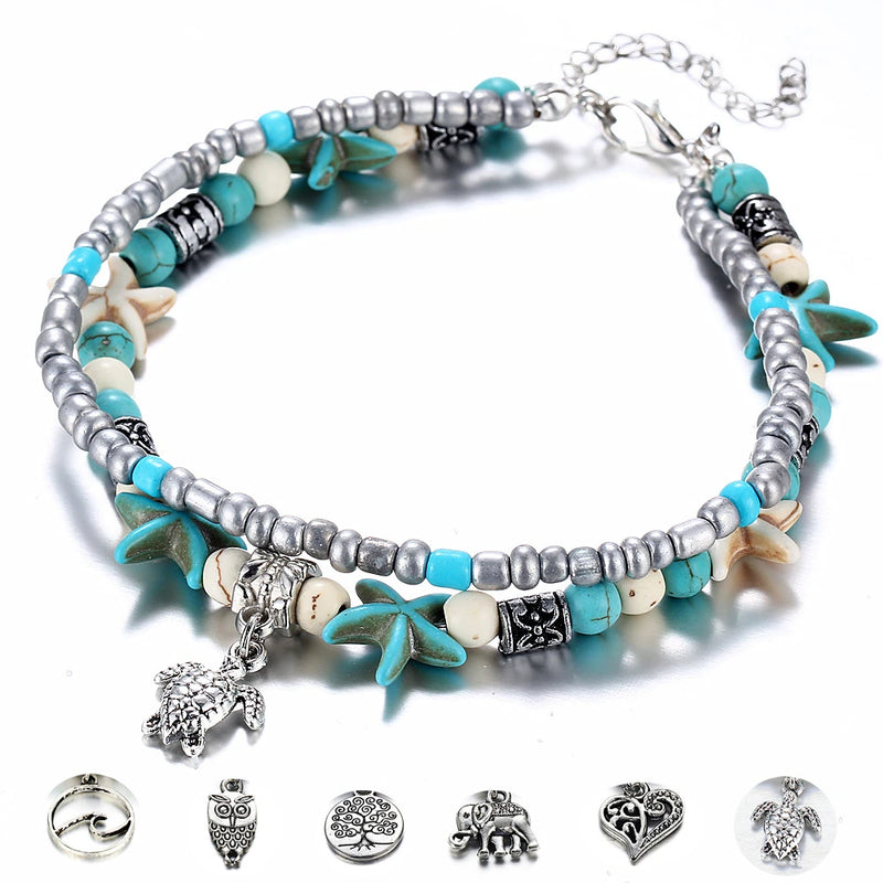 Boho Strand Türkis Fußkettchen für Frauen mit niedlichem Fatima Hand/Tree/Cross Anhänger Knöchelarmbänder Mädchen Fußkette Accessoires