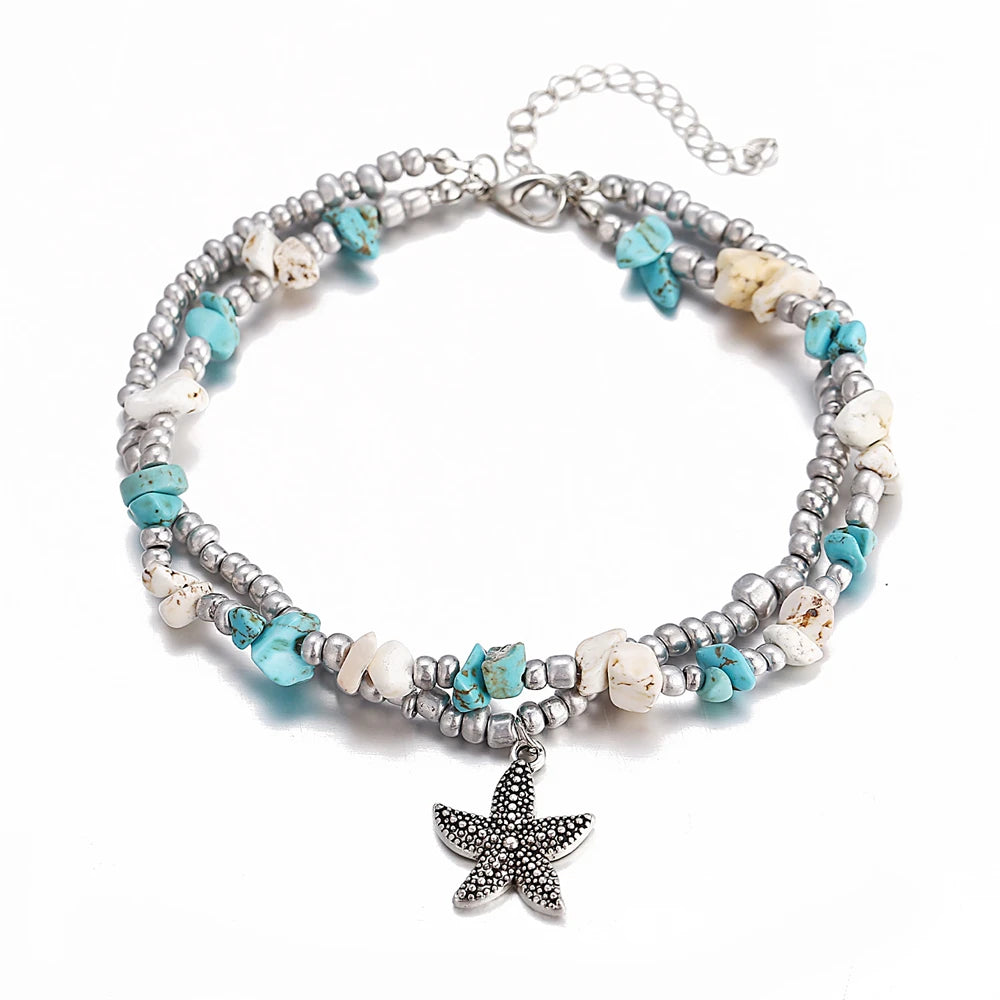 Boho Strand Türkis Fußkettchen für Frauen mit niedlichem Fatima Hand/Tree/Cross Anhänger Knöchelarmbänder Mädchen Fußkette Accessoires