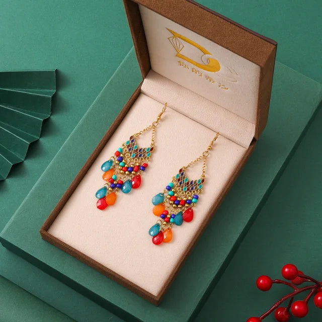 Bohemian Ethnischer langer antiker goldfarbener Emaille-Wassertropfenohrring für Frauen - farbenfroher Reiskornquastenohrring Pendientes Mujer