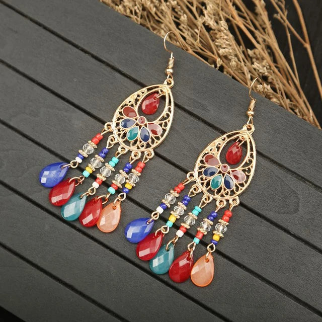 Bohemian Ethnischer langer antiker goldfarbener Emaille-Wassertropfenohrring für Frauen - farbenfroher Reiskornquastenohrring Pendientes Mujer