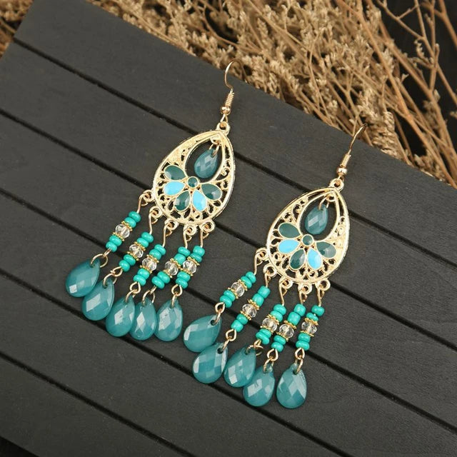 Bohemian Ethnischer langer antiker goldfarbener Emaille-Wassertropfenohrring für Frauen - farbenfroher Reiskornquastenohrring Pendientes Mujer