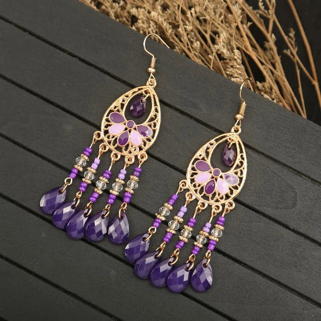 Bohemian Ethnischer langer antiker goldfarbener Emaille-Wassertropfenohrring für Frauen - farbenfroher Reiskornquastenohrring Pendientes Mujer