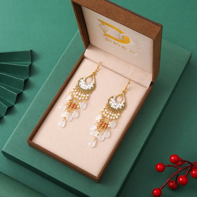 Bohemian Ethnischer langer antiker goldfarbener Emaille-Wassertropfenohrring für Frauen - farbenfroher Reiskornquastenohrring Pendientes Mujer