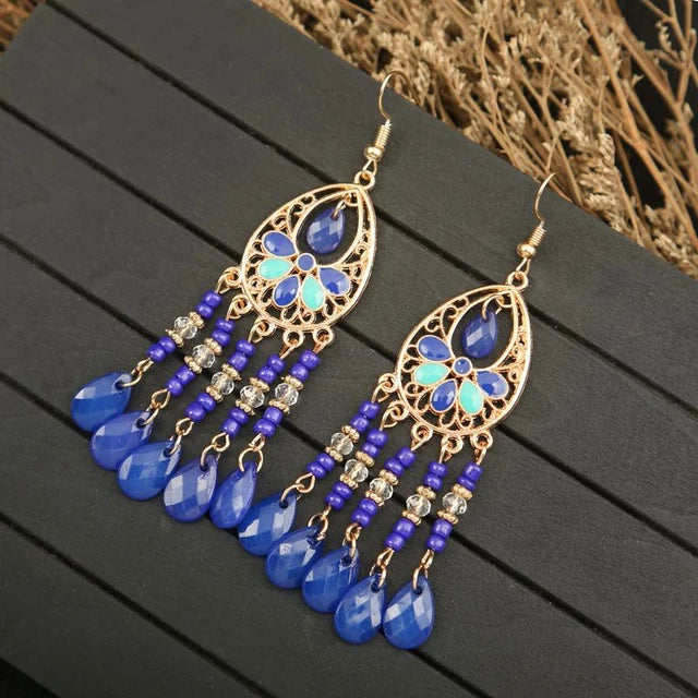 Bohemian Ethnischer langer antiker goldfarbener Emaille-Wassertropfenohrring für Frauen - farbenfroher Reiskornquastenohrring Pendientes Mujer