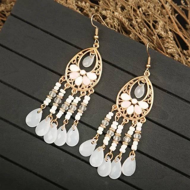 Bohemian Ethnischer langer antiker goldfarbener Emaille-Wassertropfenohrring für Frauen - farbenfroher Reiskornquastenohrring Pendientes Mujer