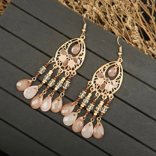 Bohemian Ethnischer langer antiker goldfarbener Emaille-Wassertropfenohrring für Frauen - farbenfroher Reiskornquastenohrring Pendientes Mujer