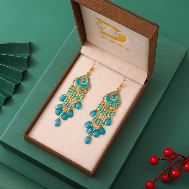 Bohemian Ethnischer langer antiker goldfarbener Emaille-Wassertropfenohrring für Frauen - farbenfroher Reiskornquastenohrring Pendientes Mujer