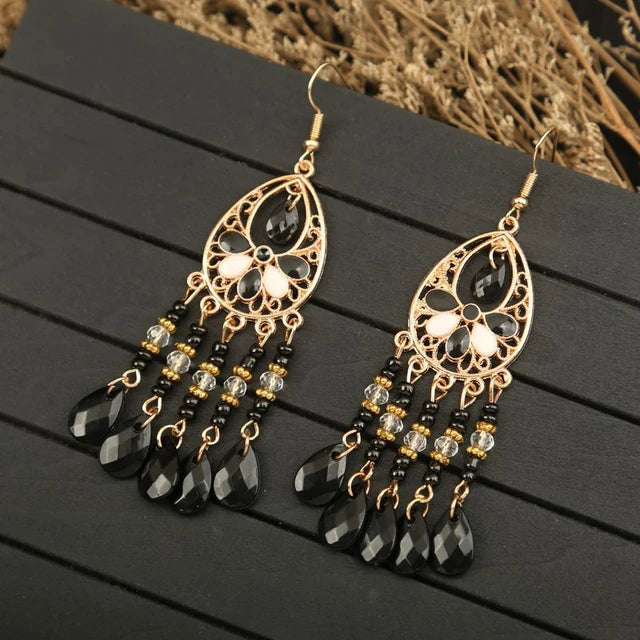 Bohemian Ethnischer langer antiker goldfarbener Emaille-Wassertropfenohrring für Frauen - farbenfroher Reiskornquastenohrring Pendientes Mujer