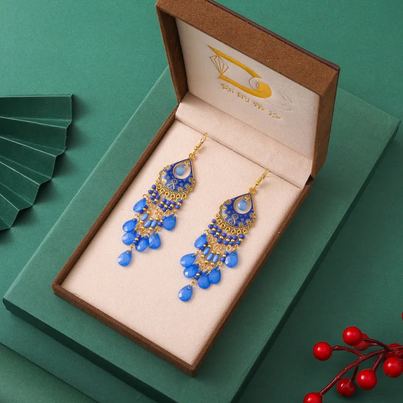 Bohemian Ethnischer langer antiker goldfarbener Emaille-Wassertropfenohrring für Frauen - farbenfroher Reiskornquastenohrring Pendientes Mujer