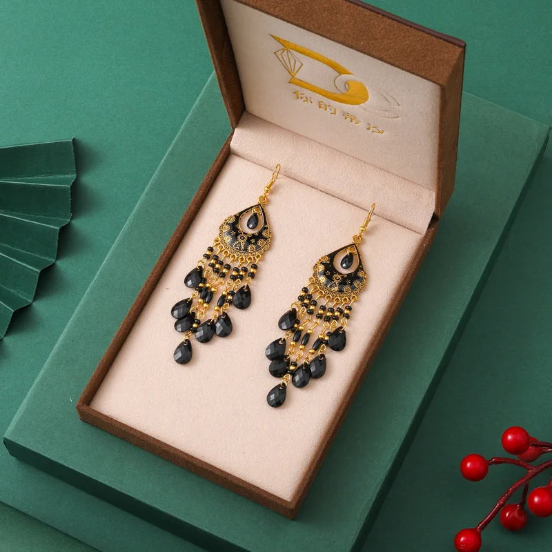 Bohemian Ethnischer langer antiker goldfarbener Emaille-Wassertropfenohrring für Frauen - farbenfroher Reiskornquastenohrring Pendientes Mujer