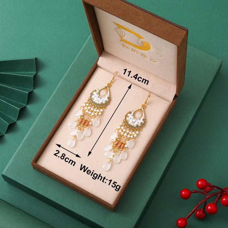 Bohemian Ethnischer langer antiker goldfarbener Emaille-Wassertropfenohrring für Frauen - farbenfroher Reiskornquastenohrring Pendientes Mujer