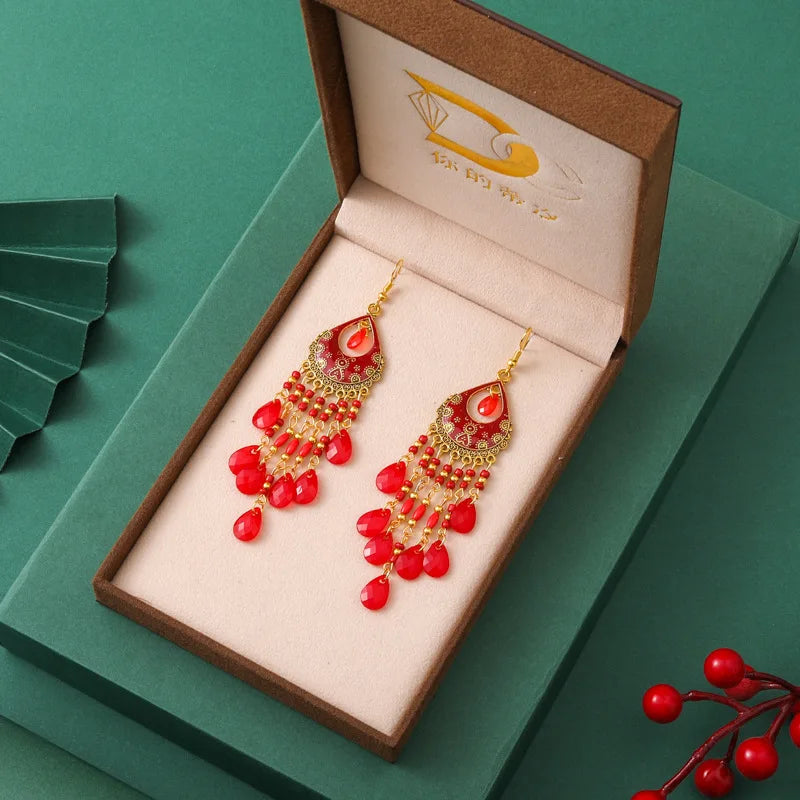 Bohemian Ethnischer langer antiker goldfarbener Emaille-Wassertropfenohrring für Frauen - farbenfroher Reiskornquastenohrring Pendientes Mujer