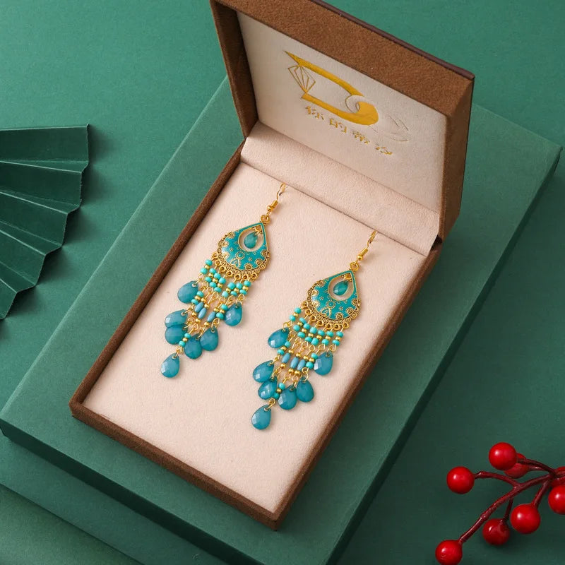 Bohemian Ethnischer langer antiker goldfarbener Emaille-Wassertropfenohrring für Frauen - farbenfroher Reiskornquastenohrring Pendientes Mujer